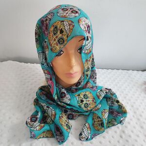 Dia de Los Muertos Day of The Dead Colorful Sugar Skulls Sheer Teal Scarf 60"